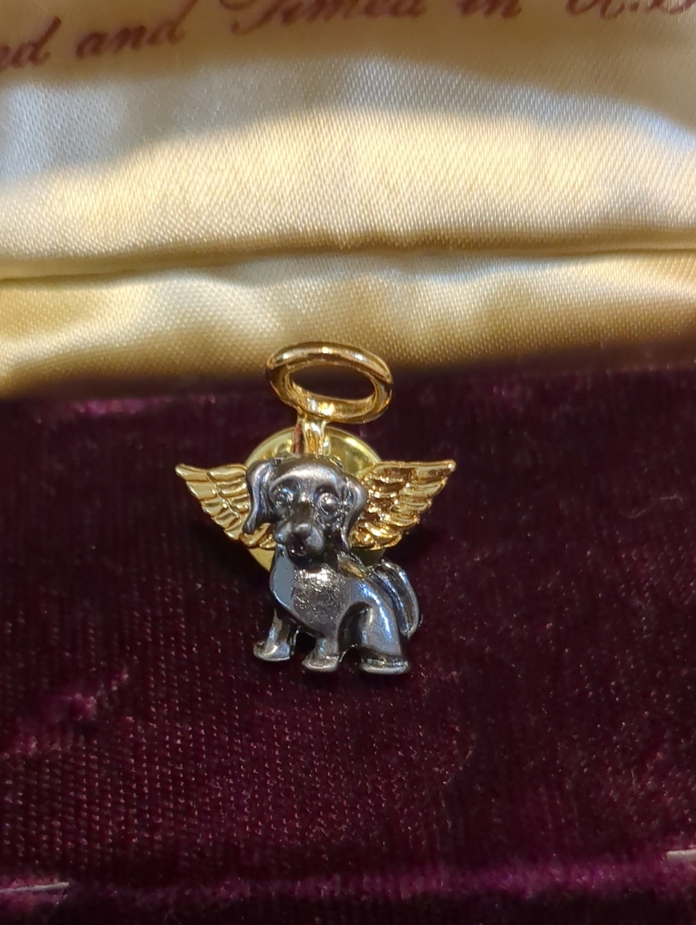 Vintage Memorial Angel Dog Pin - Two-Tone Gold & Silver